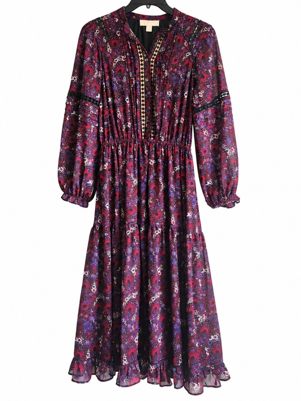 Michael Kors Azalea Crêpe / Lace-Insert Midi Dress tiered